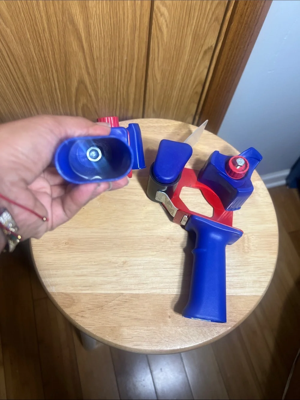 Heavy-Duty Packing Tape Dispenser — Red and Blue Shipping Tool